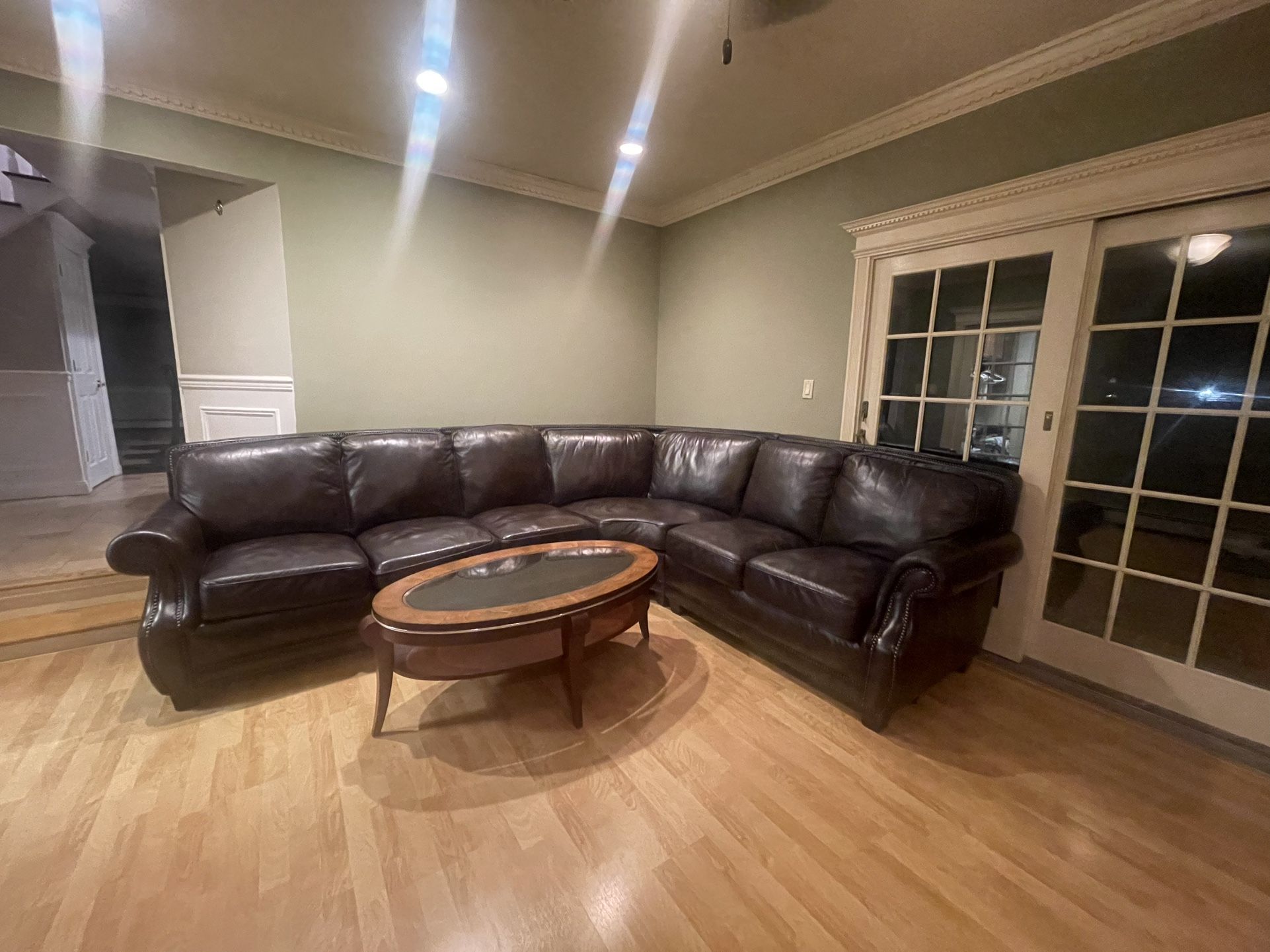 Brown Leather Sectional Sofa + Glass Coffee Table – Excellent Condition!