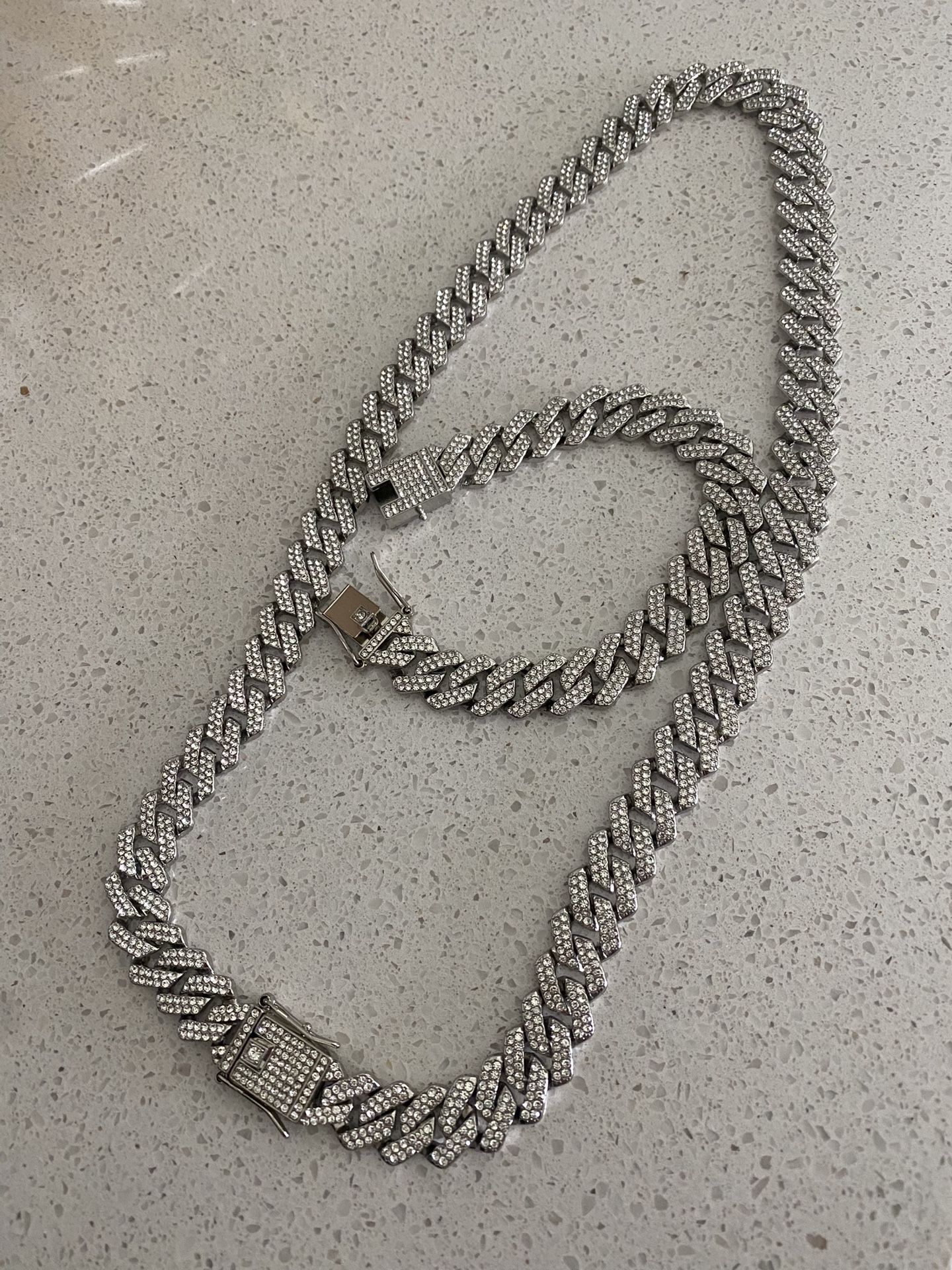 New 18k White Gold Cuban Link Chain And Bracelet Set