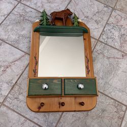 Rustic Moose Mirror Shelf Hooks Cabin Decor Hand Carved Wood Signed