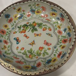 Vintage 1971 Daher Tin Decorative Bowl with Flowers, Butterflies