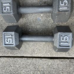 15 lb Pair Hex Cast Iron Dumbbells -30 lbs Total Used Hand Weights 