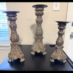 Three Elegant Golden/Ash Candleholders Traditional French Country Decor Style