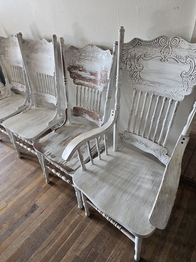 6 Distressed White Press Back Farmhouse Chairs