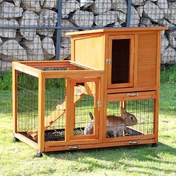 Rabbit Cage Indoor Outdoor Rabbit Hutch, 2-Story Wooden Bunny Cage on Wheels for Small Animals with 2 Removable Trays, Run, 39" L x 24" W x 37" H, NEW