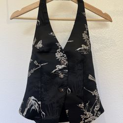 Chinese Style Embroidered Waist Vest, Black With Silver Decorations, Size Medium 