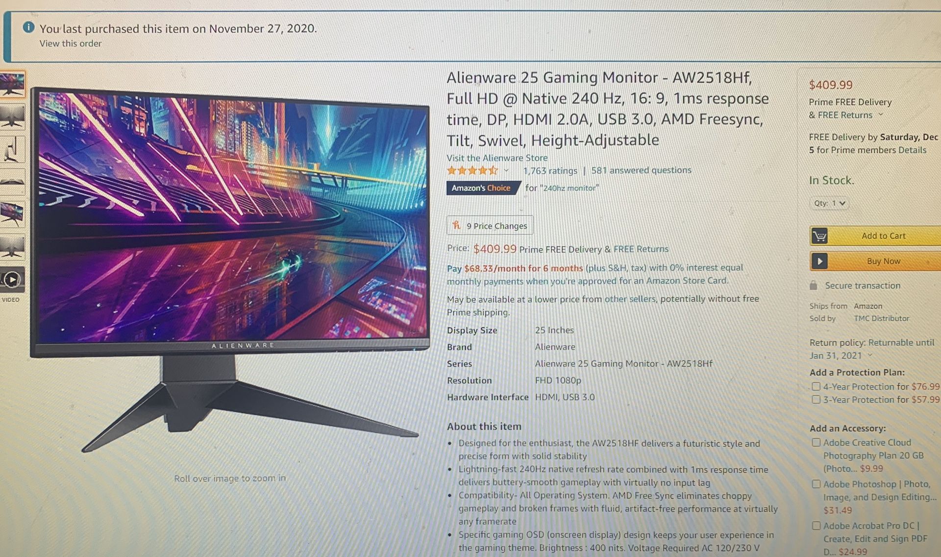 BRAND NEW Alienware 25inch 240hz AW2518Hf Monitor