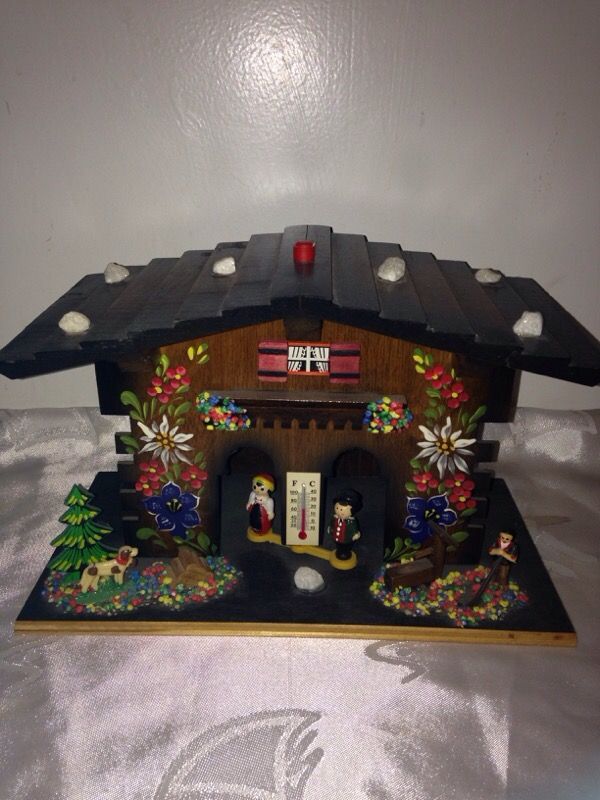 Vintage German wooden weather house with thermometer & barometer