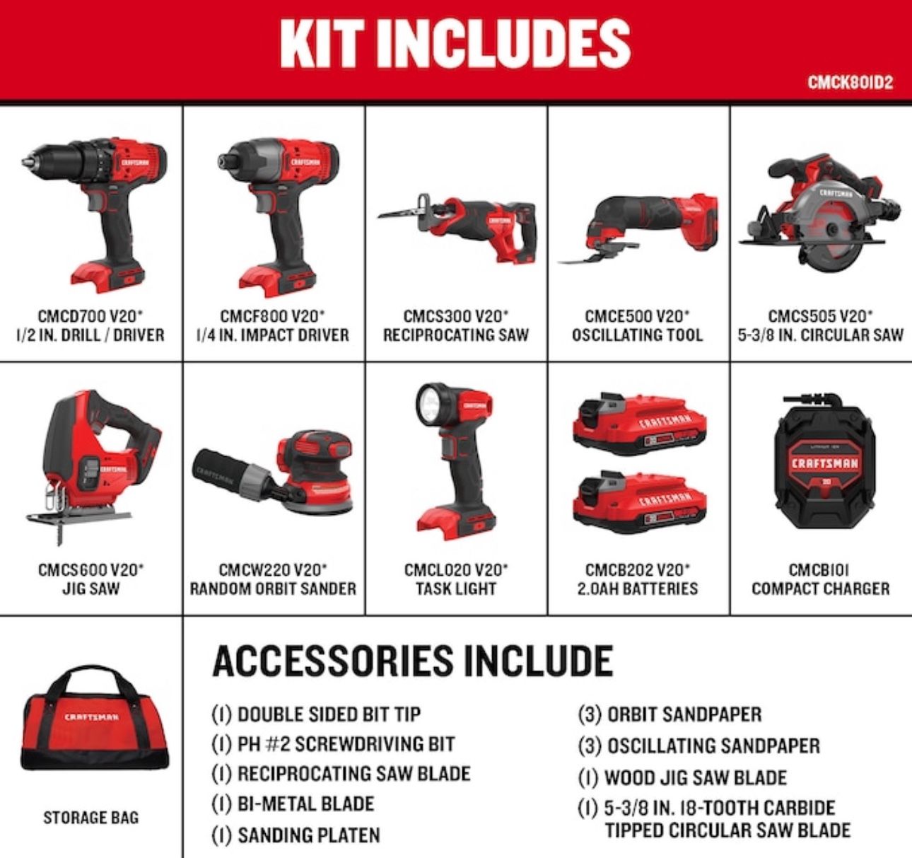 CRAFTSMAN V20 20-volt Max 8-Tool Power Tool Combo Kit with Soft Case (2-Batteries Included and Charg