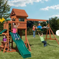 Swing-N-Slide Playsets DIY Sedona Summit Wooden Outdoor Playground Set with Slide, Rock Wall, Swing Set, and Backyard Playground Equipment