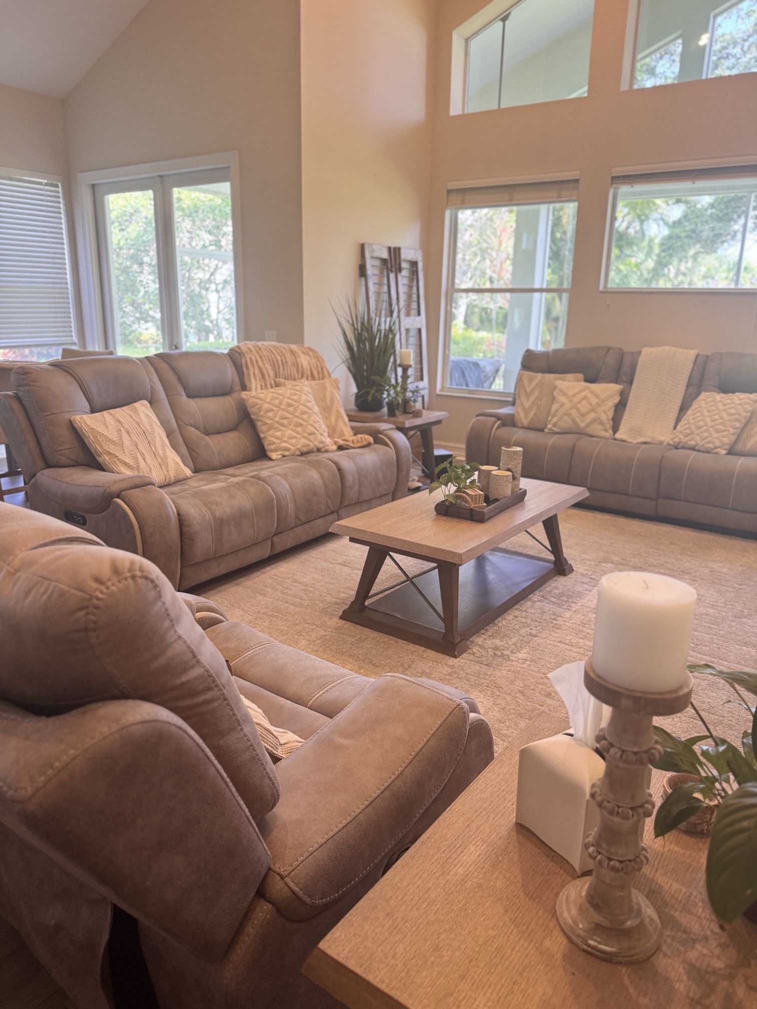 Greige Automatic Reclining Sofa And Recliner Set With Hidden Cup holders (4 Years Old)