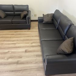 New Nailhead Couch / Love Seat.  Brown Or Black Leather.  78x35x37H; 57x35x37H.  Free Delivery!