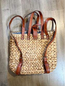 Cute Farmer’s Market Backpack Tote Bag Brown Straps - Cotton Lined - Woven Seagrass