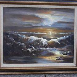 Antique Oil Painting Ocean Scene Waves Signed Original Art Artwork 