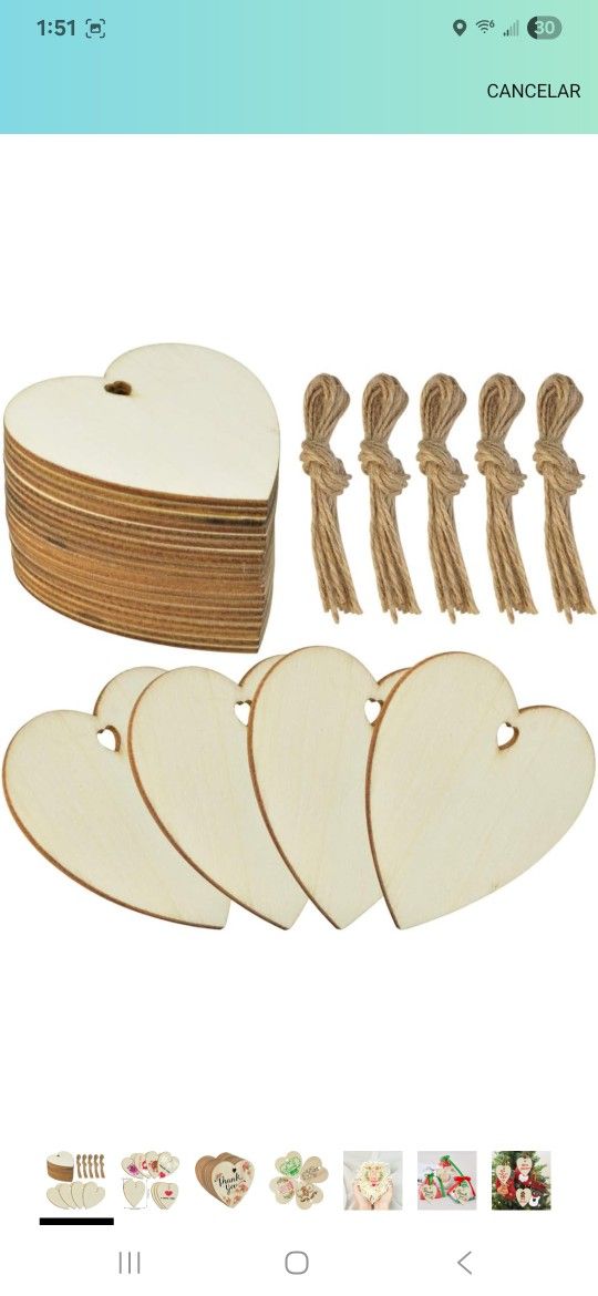 obmwang 30 Pieces 3 Inch Natural Heart Wood Slices, DIY Wood Embellishments, Unfinished Pre-Drilled Heart Embellishments with Twine for Wedding, Thank