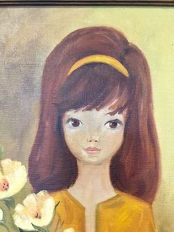 Lovely hand painted vintage portrait of girl -60’s Mid Century Modern