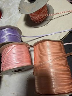 Satin Pink & purple ribbon bundle of 5 rolls total one is peachy pearl trim, satin soft pink, satin pink and peach, satin lavender purple diy crafts b