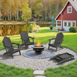 Folding Adirondack Chair, Adirondack Chairs Set of 2, Cup Holder, Woodgrain, Fire Pit, Patio, Pool, Black