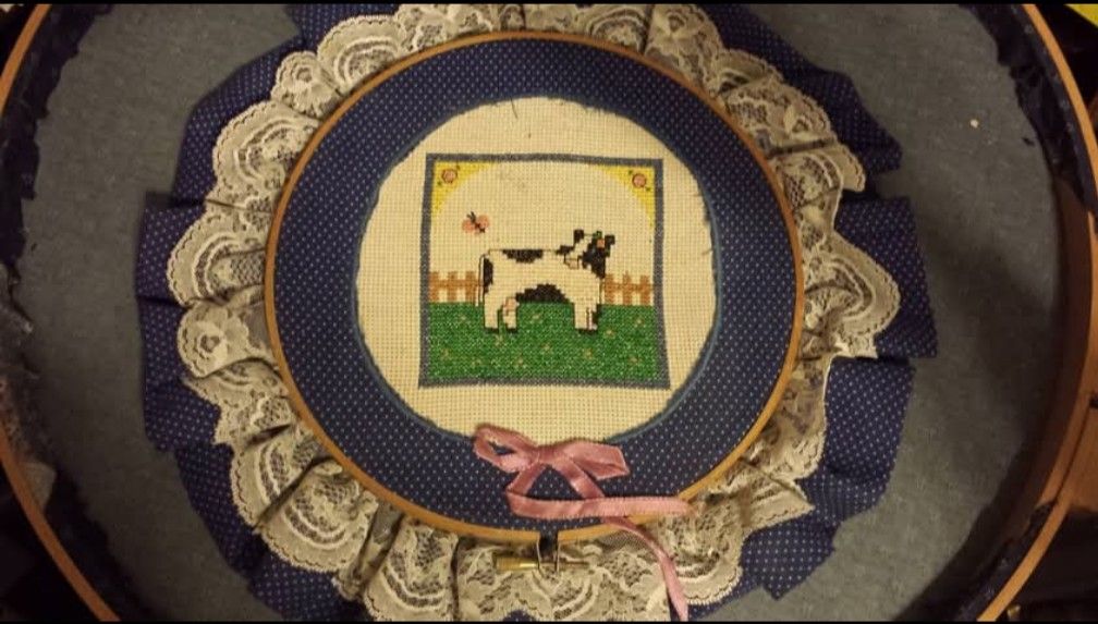 Blue Needlepoint Cow Country Wall Hanging, Approx 12"