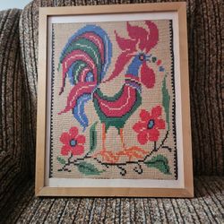 Wood Framed  Croos- Stitch  Rooster Art.