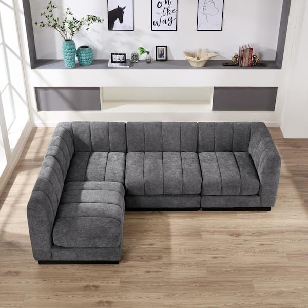 96 in. Chenille Grey Sectional Couch, 4-Seater L Shape Modular Sofa Set for Living Room Office