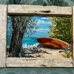 Small beach painting with driftwood frame