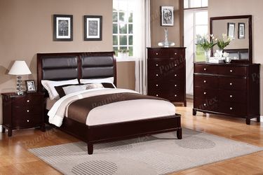 Brand new espresso or black queen bed frame + dresser + mirror + nightstand