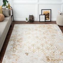 8/10 Brand New Modern Distressed Design Gold Rug 