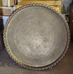 Vintage 30"+ Extra-Large Moroccan Hand-Etched Brass Tray Table Top / Wall Decor