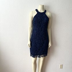Berydress Navy Blue Lace Mini Dress Women’s Halter Neck Sleeveless Lined Size L