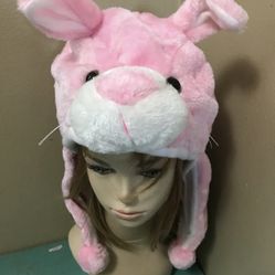 Pink BUNNY Rabbit Plush Fur Animal Head HOODIE HAT winter ear flap cap Easter