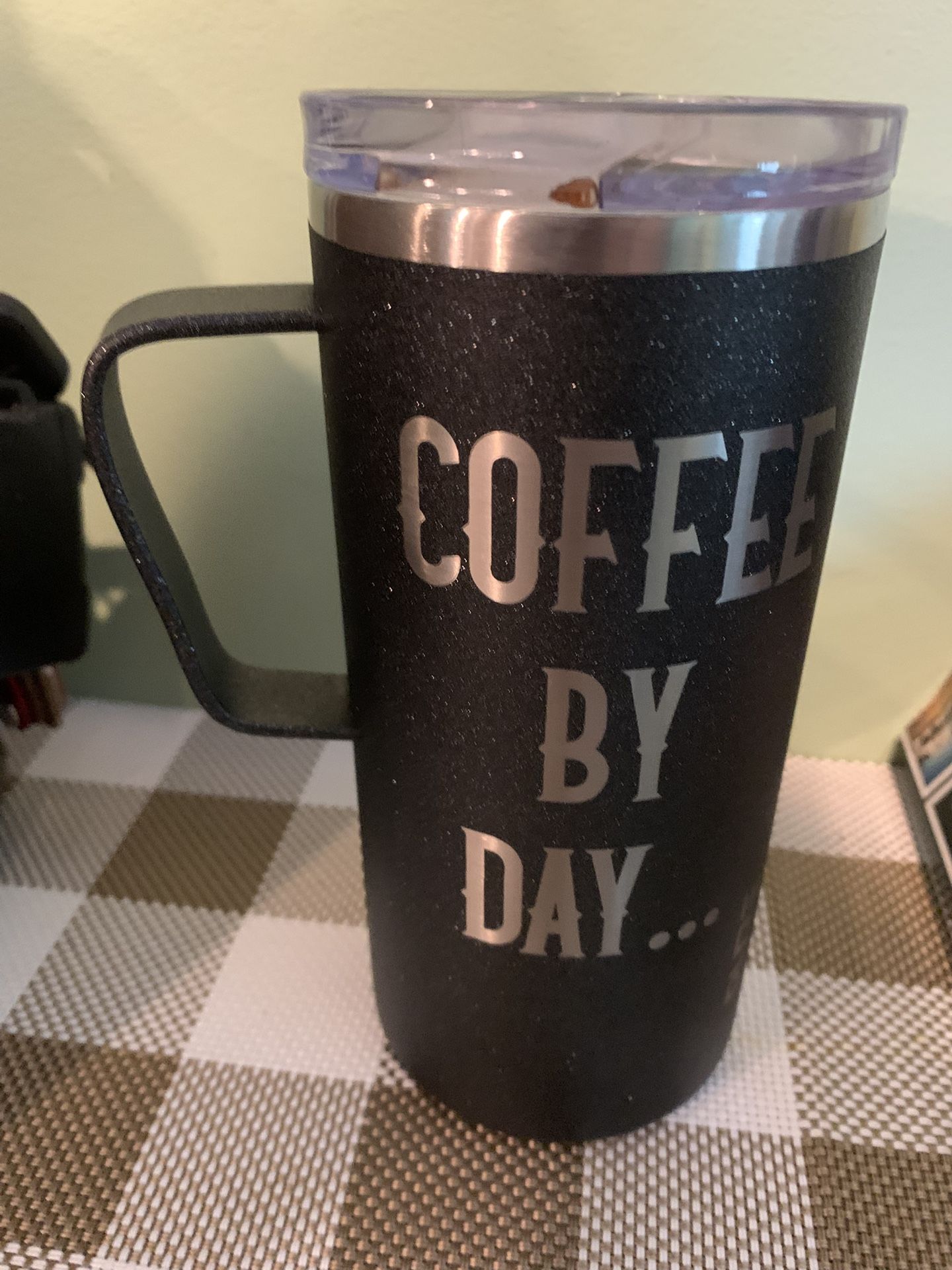 New Stainless Steel Tumbler W/handle, Slide Cover W/ Gasket, Saying Coffee By Day & Whiskey By Night, Black Metallic Finish, Pure B