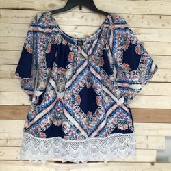Bobeau Navy Blue Multicolored Medallion Print Bohemian Cream Lace hem Top size L