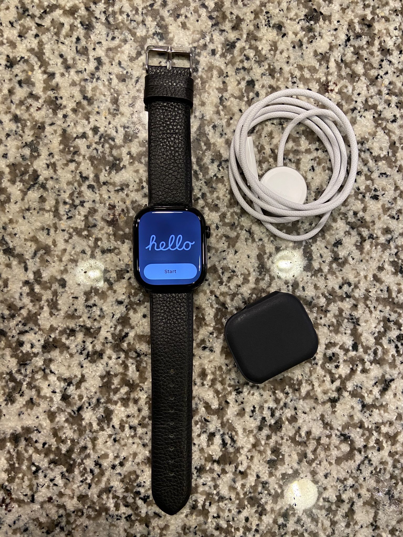 Brand New Apple Watch Series 10 GPS 46mm Jet Black Aluminum With Black Leather Vince camuto band 1 year Apple Warranty Open to trades