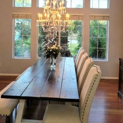 10' Farmhouse Table With 4 Wooden Benches