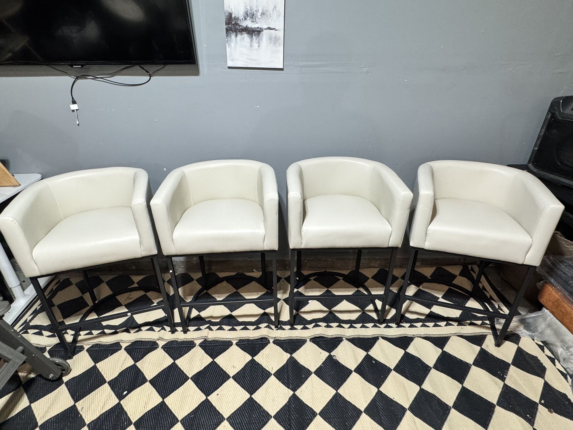 27" H Counter Height Bar Stools, Modern Barrel Counter Stools with Backrest and Arms, Black Metal Frames, Faux Leather Upholstered Accent Barstools fo