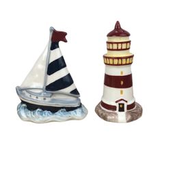 Cracker Barrel Lighthouse Sailboat Salt & Pepper Set - EUC 4” Tall