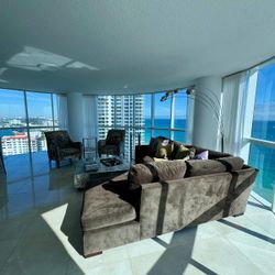 Two pieces angular Brown suede sofa, excellent!