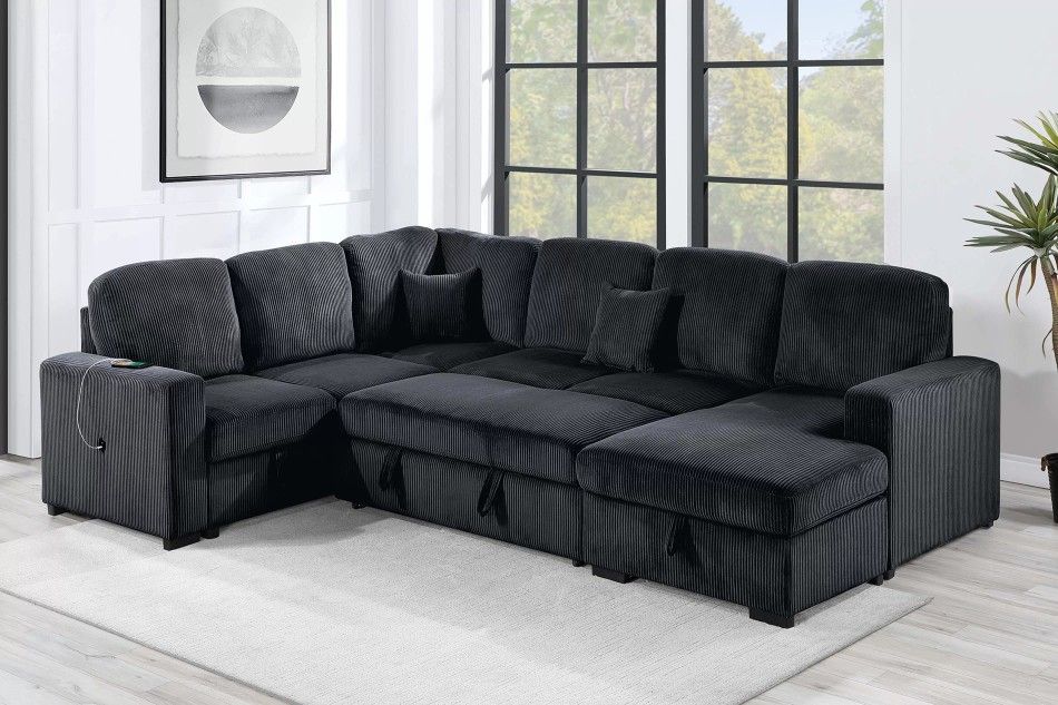 ✅️✅️4 pc Black corduroy fabric sectional sofa with storage chaise and love seat and pop up sleep area in center USB charging✅️✅️