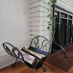 Vintage Black Wrought Iron Metal Folding Fireplace Firewood Log Holder Rack With Scroll Design
