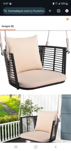 Wicker Porch Swing Patio Hanging Rattan Chair with Rope and Beige Zippered Cushions