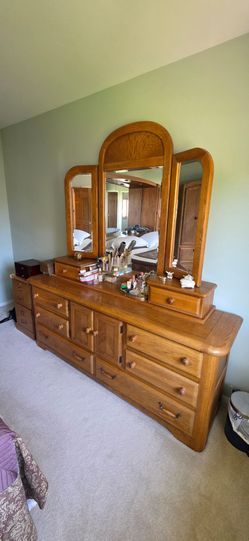 Oak Dresser with Tri-Fold Mirror