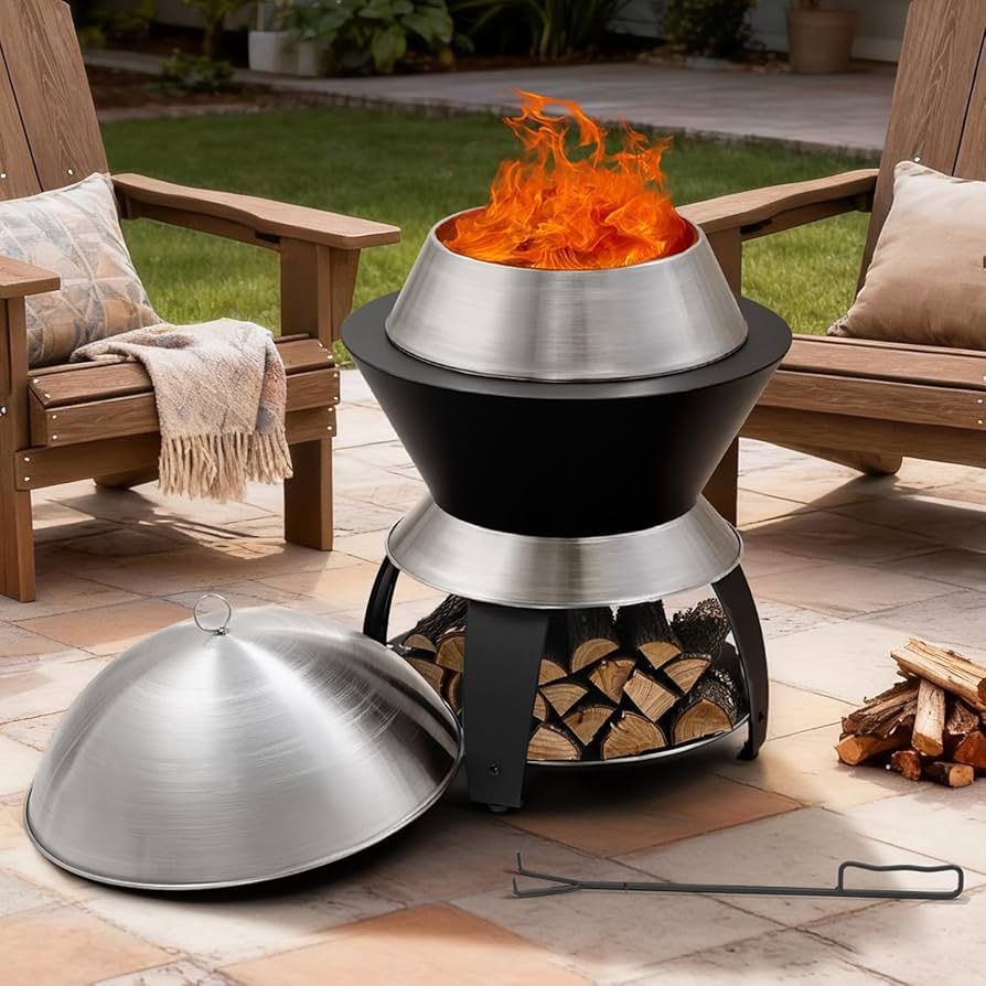 20 Inch Smokeless Firepit, Outdoor Fire Pit with Waterproof Lid, Removable Ash Pan, Handbag, 2 in 1 Stainless Steel Potable Fire Pits for Outside Wood