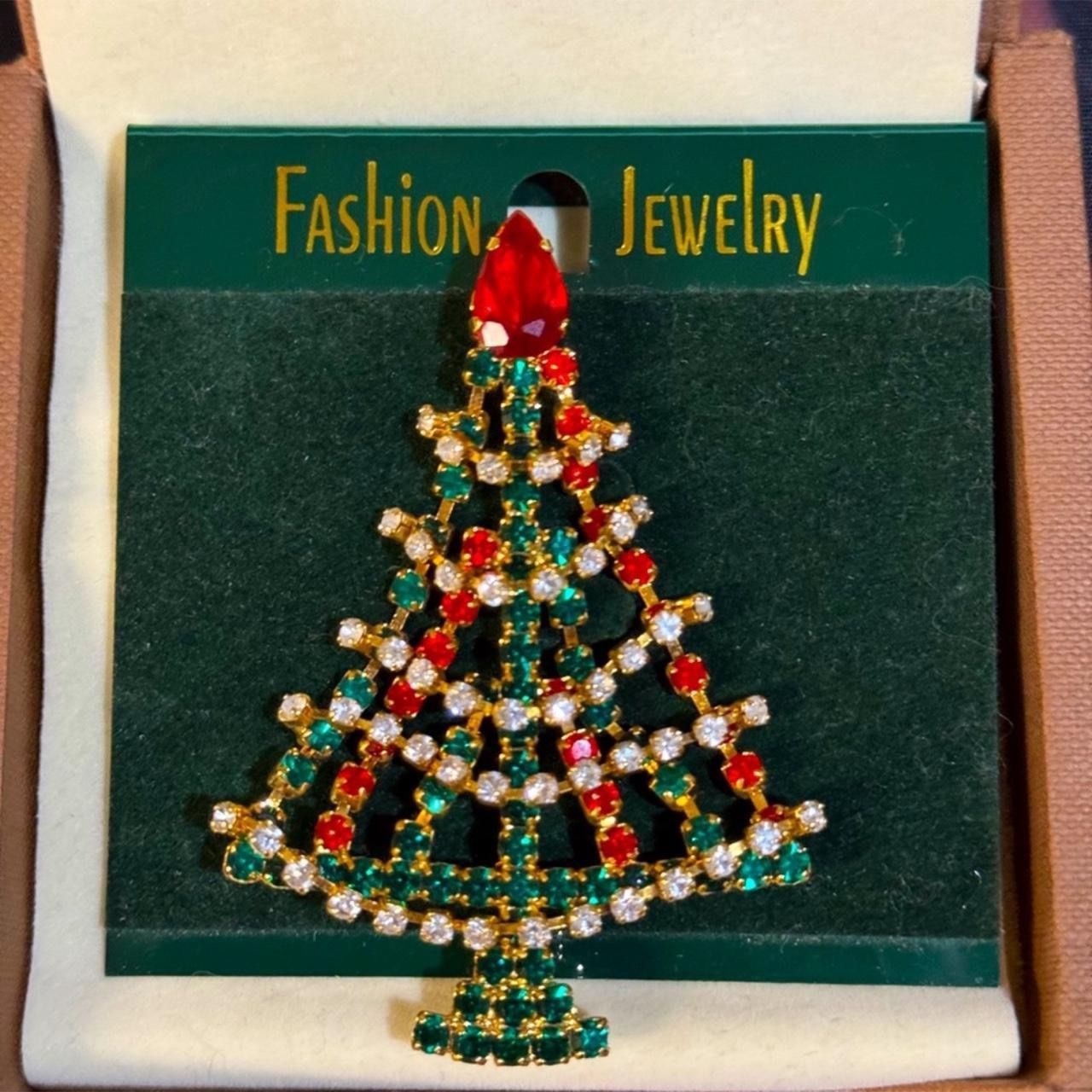 Early 70’s Large Jeweled Christmas Tree Brooch Pin w/Articulated Garland NWT