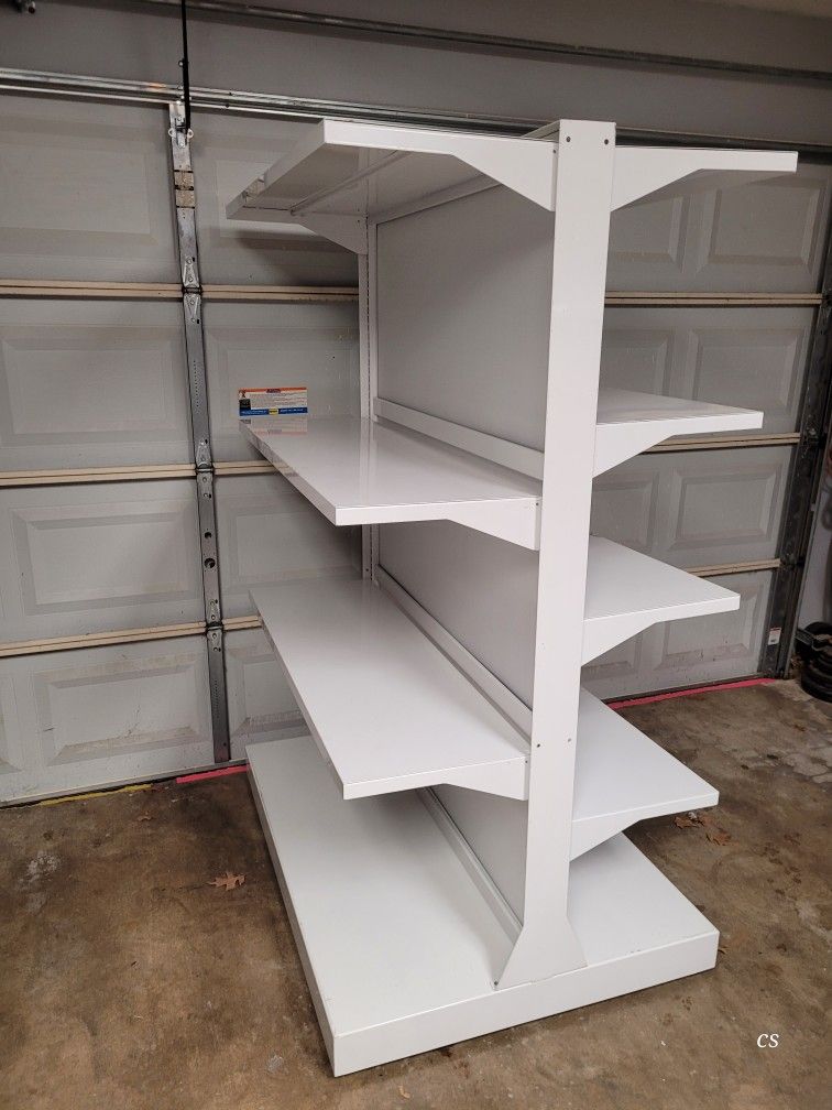 White Double-sided, rolling metal gondola store shelving