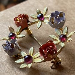 Vintage Made In Austria Rhodalite Garnet & Enameled Metal Flower Brooch