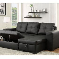 Black Leatherette Sectional Sofa With Pullout 