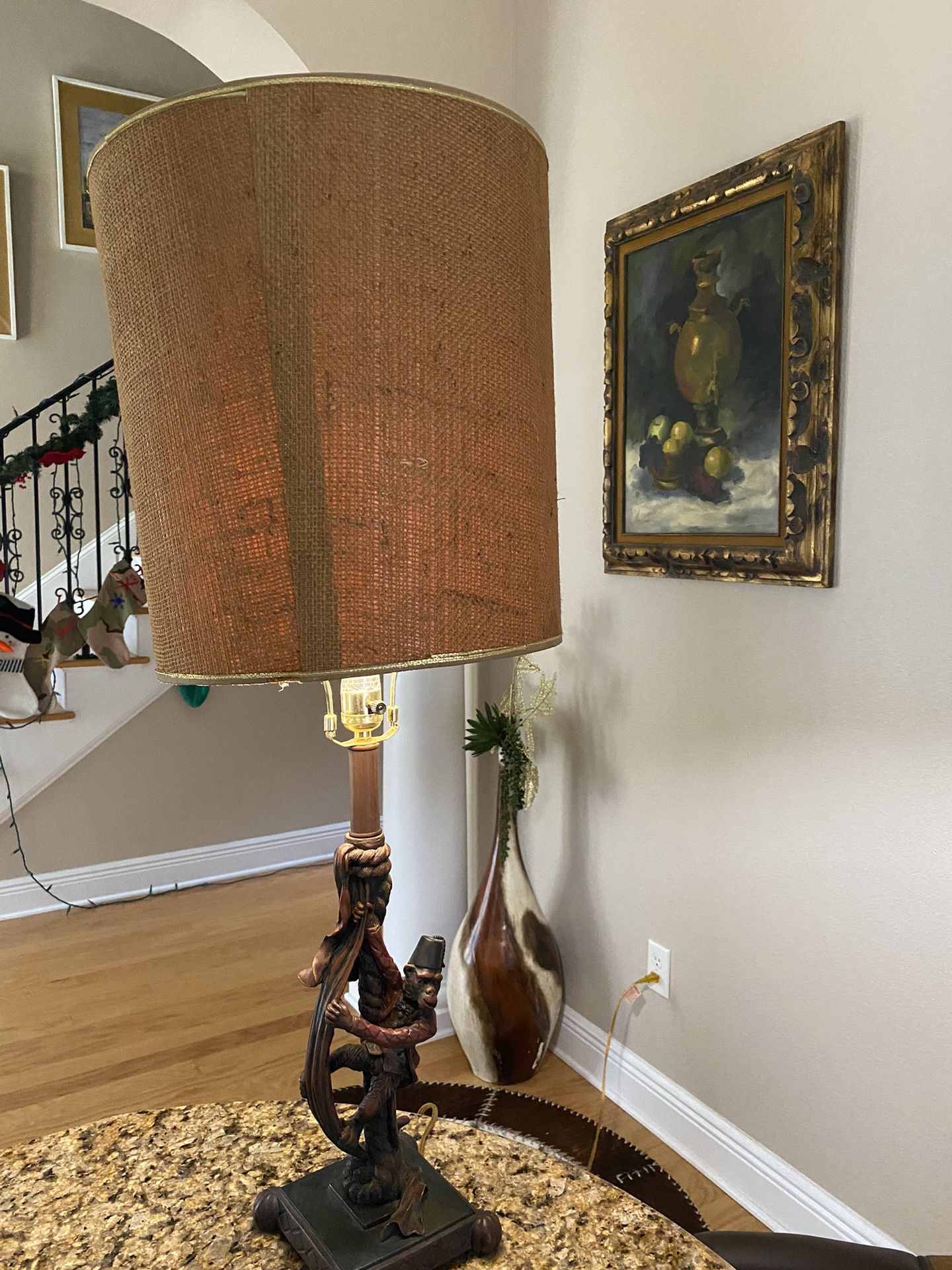 Antique Vintage Late 20th century Monkey lamp with shade.  