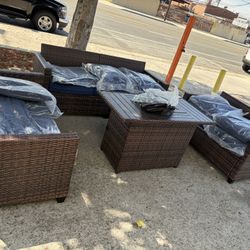 4 Piece Outdoor  Patio Furniture with 2 Patio Loveseat ,3-Seat Patio Couch and 44.5 Inch Propane Fire Pit Table   ,Blue