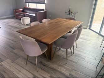 West Elm mid-century walnut dining table and six upholstered dining chair