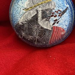 4.75 Inch Round Handmade Hand Painted Hand Etched Classic Greek Ceramic Jewelry Box Imported From Greece